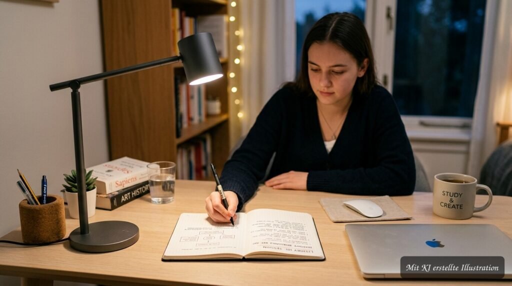Schreibtischlampe beleuchtet einen gut organisierten Lernplatz mit Büchern, Notizen und Schreibutensilien.