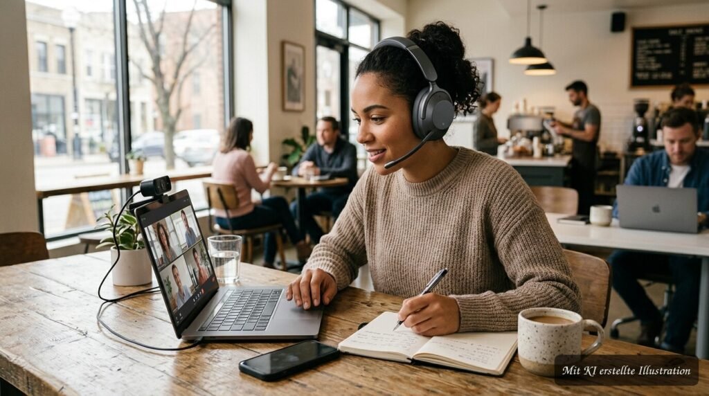 Kopfhörer auf einem Schreibtisch im modernen Büro für konzentriertes hybrides Arbeiten