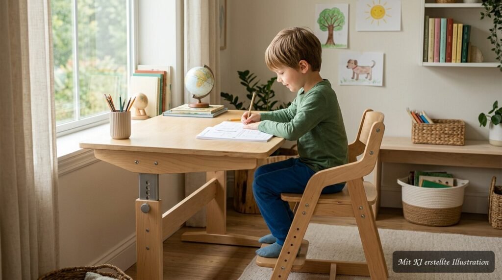 Ergonomischer Kinderschreibtisch mit passendem Stuhl als idealer Lernplatz für Kinder