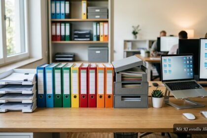 Ordentliche Büroablage mit beschrifteten Ordnern, Rechnungen und digitalen Dokumenten