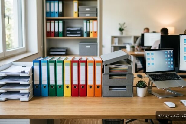 Ordentliche Büroablage mit beschrifteten Ordnern, Rechnungen und digitalen Dokumenten