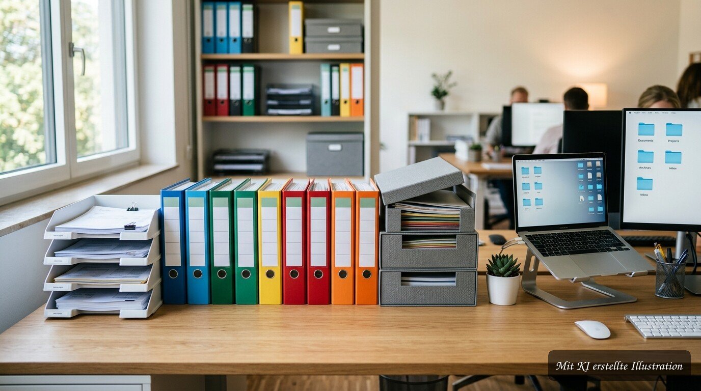 Ordentliche Büroablage mit beschrifteten Ordnern, Rechnungen und digitalen Dokumenten