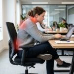 Rosszul beállított irodai szék, görnyedt ülés és feszülő hát munka közben