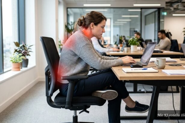 Rosszul beállított irodai szék, görnyedt ülés és feszülő hát munka közben