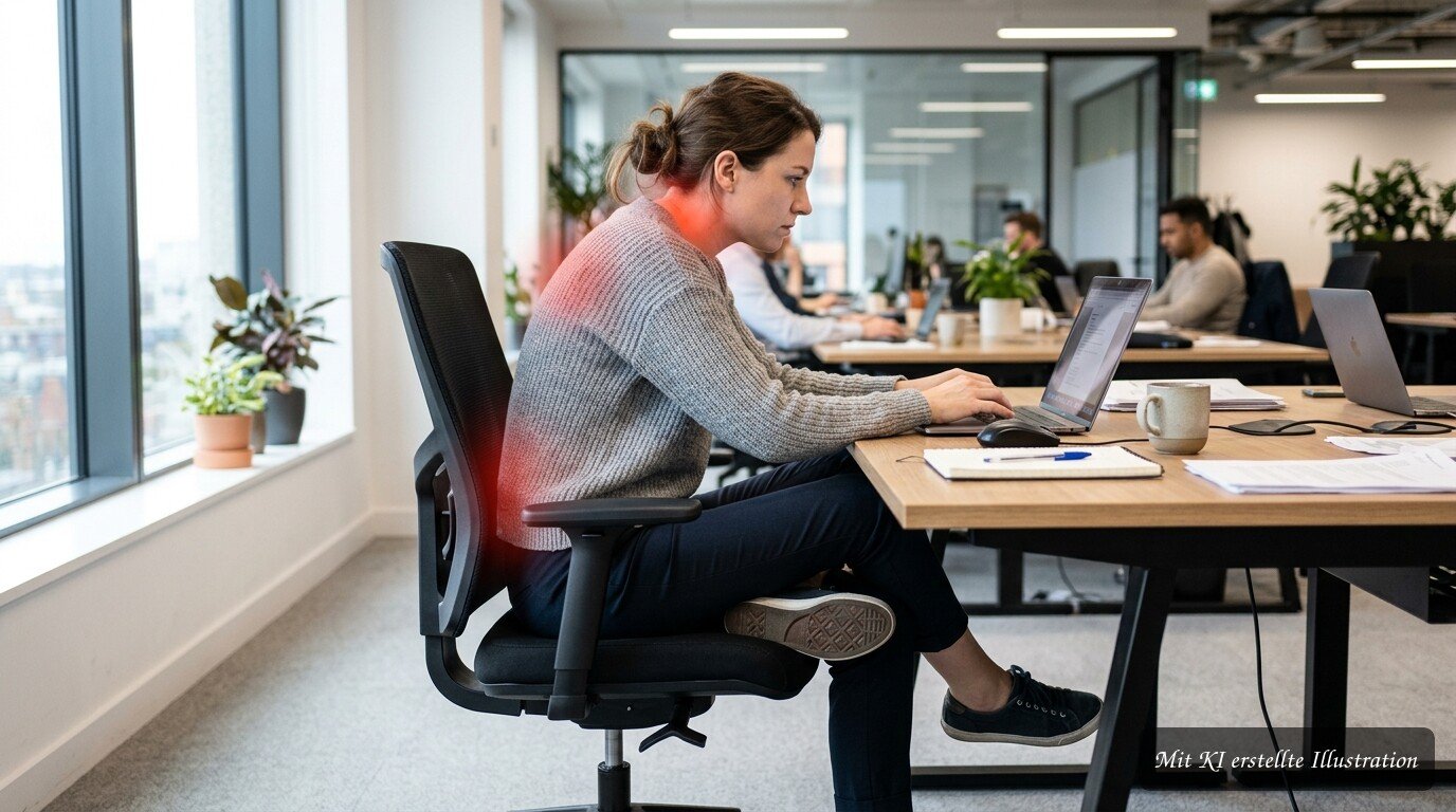 Rosszul beállított irodai szék, görnyedt ülés és feszülő hát munka közben