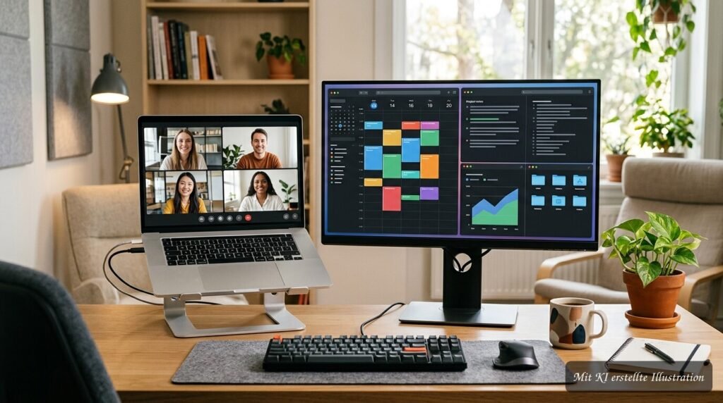 Zweiter Monitor am Schreibtisch schafft mehr Platz für hybrides Arbeiten