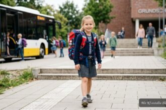 Kind trägt eine falsch gepackte Schultasche und belastet dabei den Rücken unnötig
