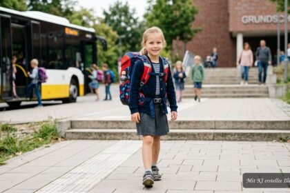Kind trägt eine falsch gepackte Schultasche und belastet dabei den Rücken unnötig