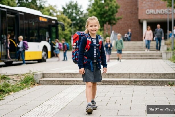 Kind trägt eine falsch gepackte Schultasche und belastet dabei den Rücken unnötig