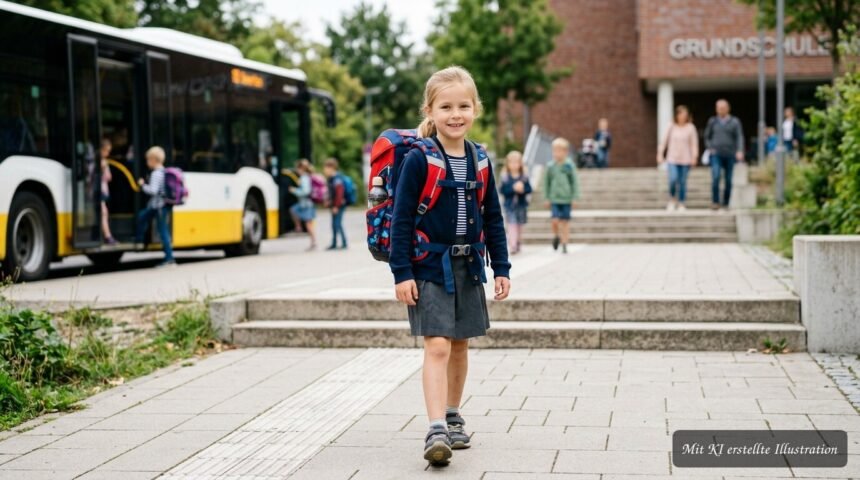 Kind trägt eine falsch gepackte Schultasche und belastet dabei den Rücken unnötig