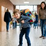 Kind trägt einen zu schweren Schulranzen und zeigt Anzeichen von Rückenbelastung