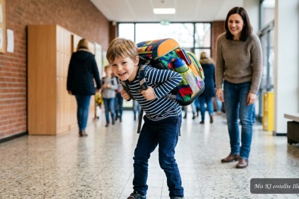 Kind trägt einen zu schweren Schulranzen und zeigt Anzeichen von Rückenbelastung