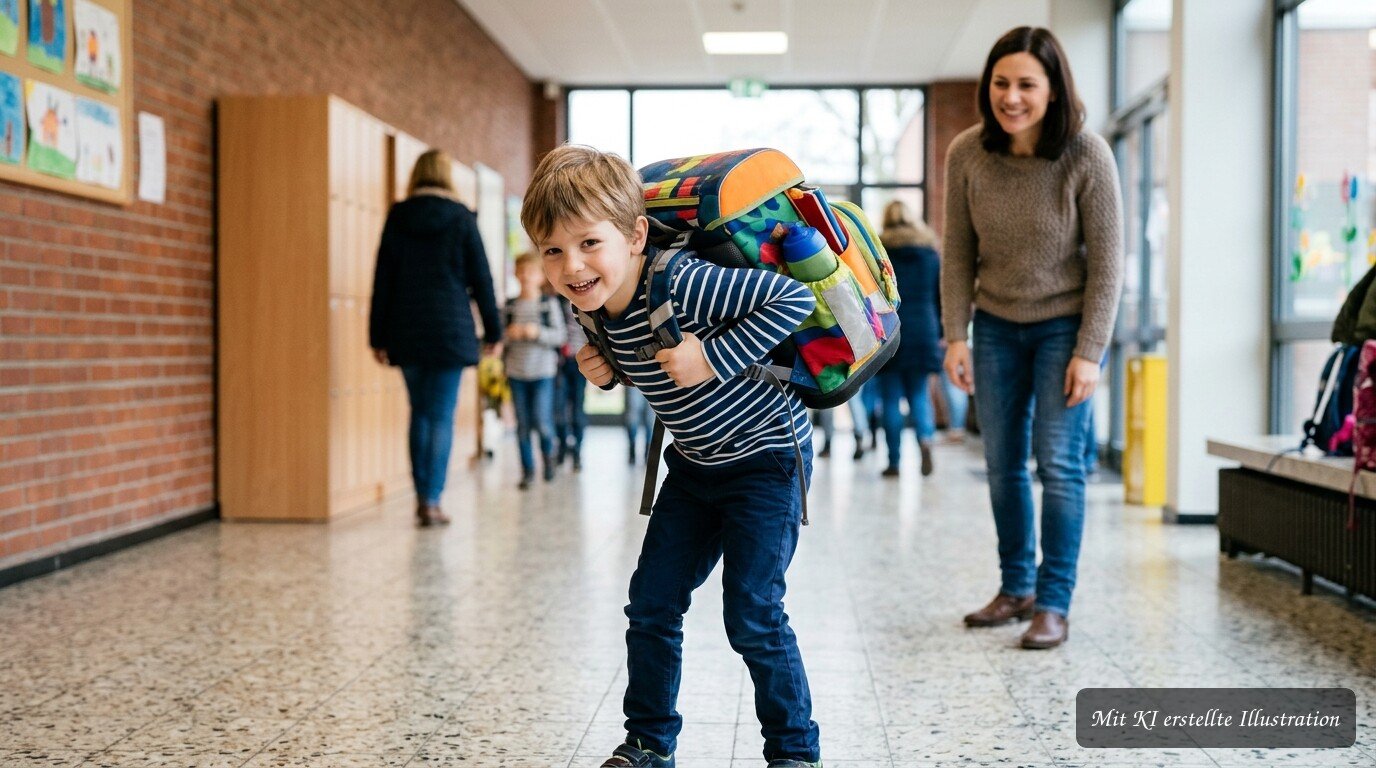 Kind trägt einen zu schweren Schulranzen und zeigt Anzeichen von Rückenbelastung