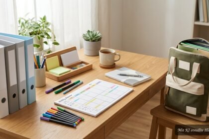 Ordentliche Schulsachen und praktische Helfer liegen übersichtlich auf einem Lerntisch