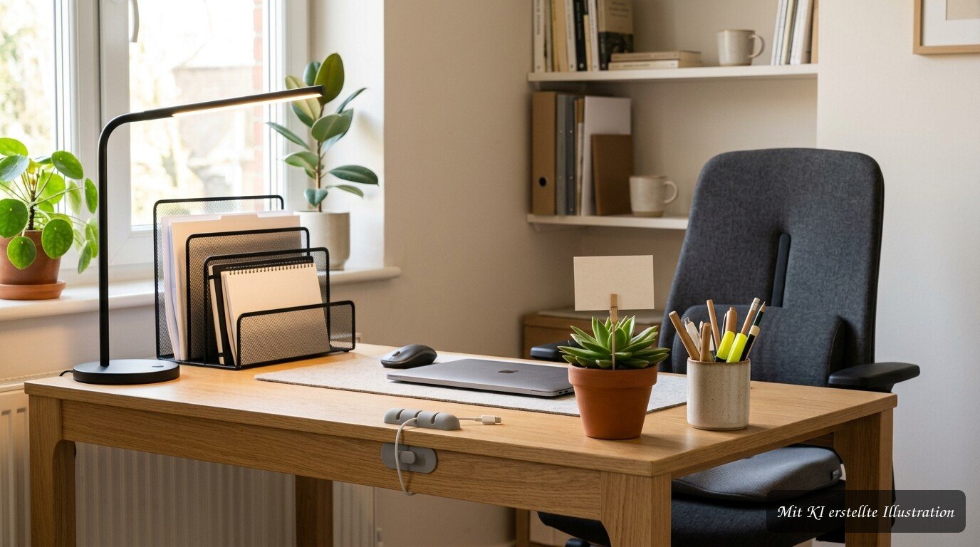 Organisierter Lernplatz mit praktischen Helfern für Ordnung und konzentriertes Arbeiten