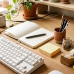 Sieben praktische Büroartikel liegen griffbereit neben einem ordentlich organisierten Schreibtisch