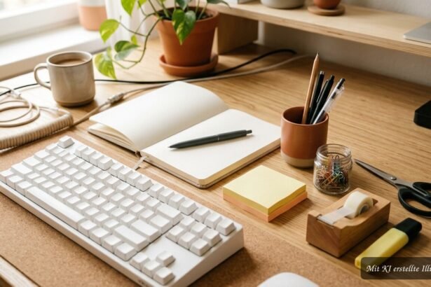 Sieben praktische Büroartikel liegen griffbereit neben einem ordentlich organisierten Schreibtisch