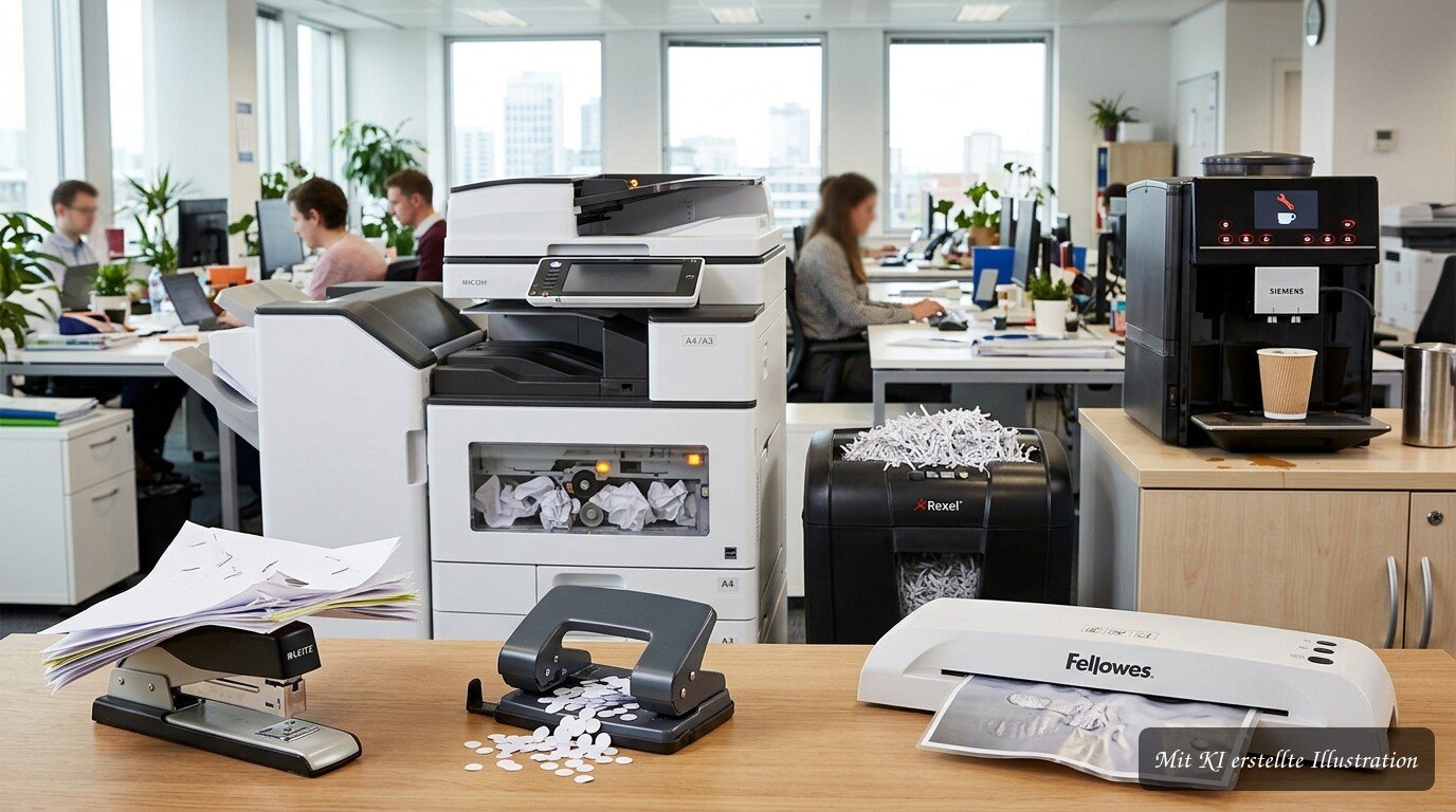 Bürogeräte wie Drucker, Tacker und Kaffeeautomat werden im Büroalltag häufig falsch bedient