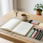 Bunte Schreibwaren, Notizbuch und Stifte für übersichtliche Notizen auf einem Schreibtisch