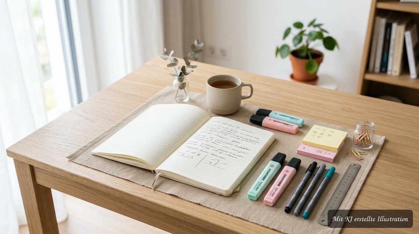 Bunte Schreibwaren, Notizbuch und Stifte für übersichtliche Notizen auf einem Schreibtisch