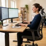Ergonomische Sitzhaltung am Arbeitsplatz mit rechtwinklig positionierten Armen und Beinen
