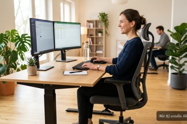 Ergonomische Sitzhaltung am Arbeitsplatz mit rechtwinklig positionierten Armen und Beinen