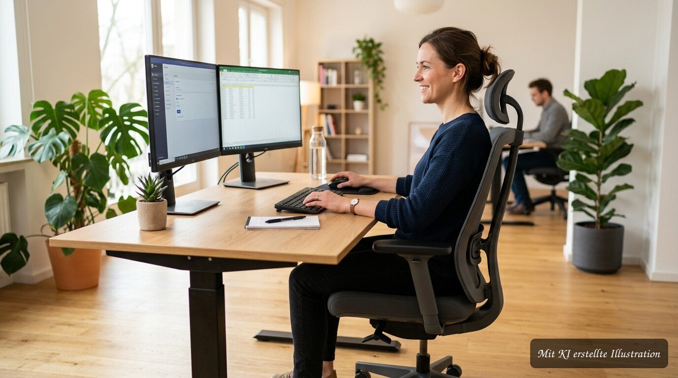 Ergonomische Sitzhaltung am Arbeitsplatz mit rechtwinklig positionierten Armen und Beinen