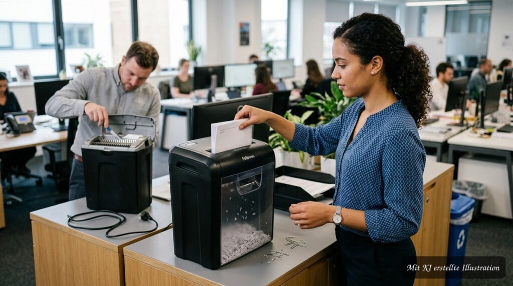 Aktenvernichter im Büro mit korrekt eingelegten Dokumenten zur sicheren Bedienung ohne Papierstau