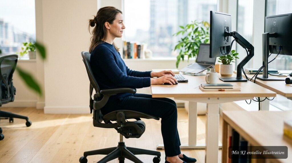Ergonomische Sitzhaltung mit entspannten Beinen und 90-Grad-Winkeln an Armen und Knien