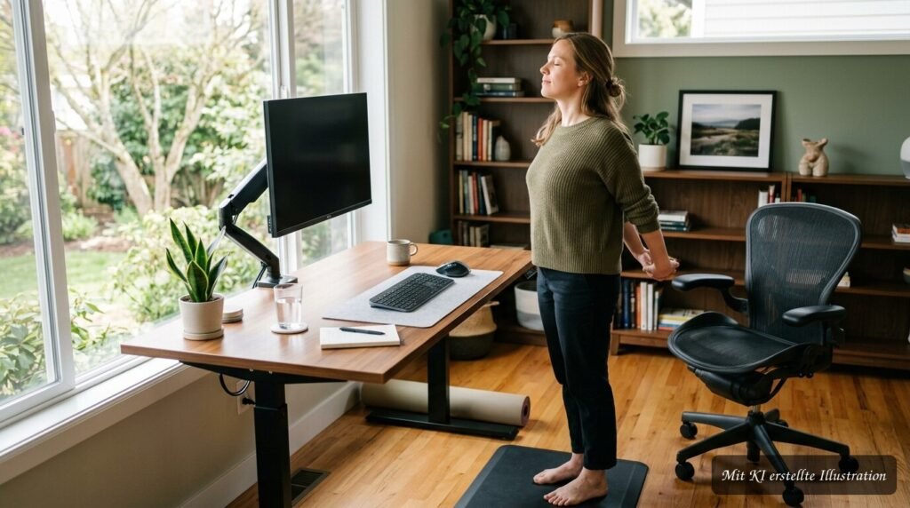 Ergonomischer Arbeitsplatz mit höhenverstellbarem Schreibtisch und Übungen während einer bewegten Pause