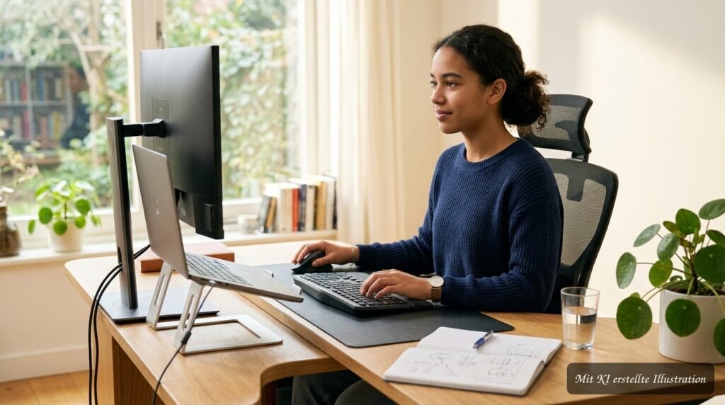 Ergonomischer Lernplatz mit Bildschirm und Tastatur für eine entspannte Handhaltung beim Lernen