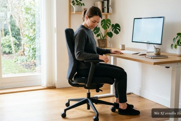 Person stellt Bürostuhl für eine ergonomische Sitzposition am Arbeitsplatz ein