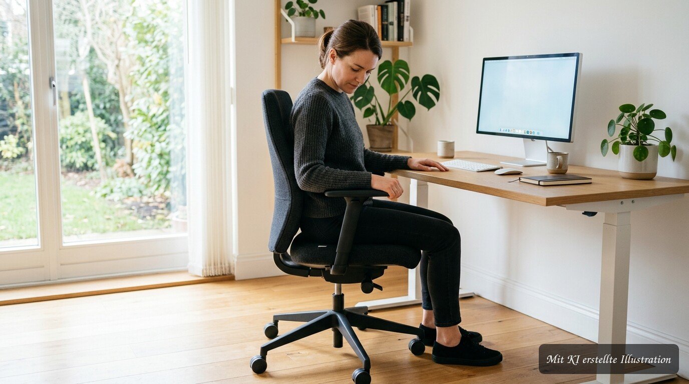 Person stellt Bürostuhl für eine ergonomische Sitzposition am Arbeitsplatz ein