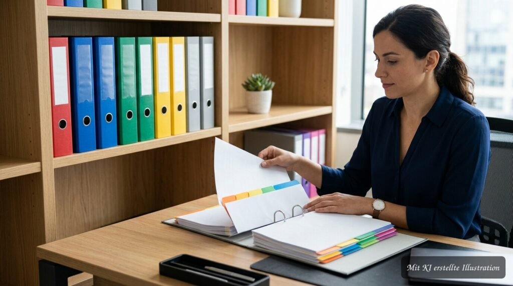 Ordner und Ablagefächer sorgen im Büro für eine klare und dauerhaft übersichtliche Dokumentenorganisation.