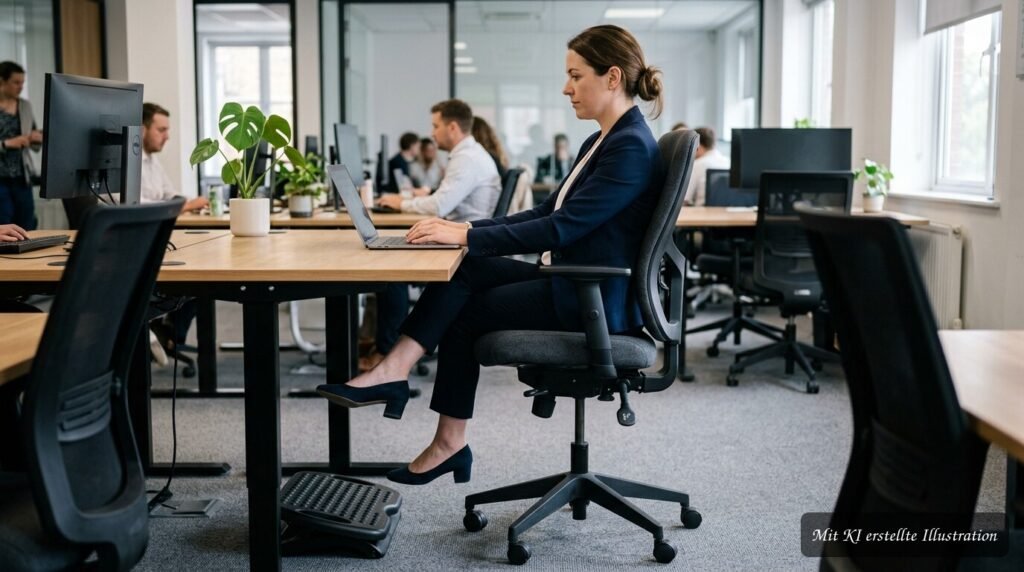 Büroangestellter sitzt auf einem falsch eingestellten Bürostuhl, während seine Füße den Boden nicht erreichen