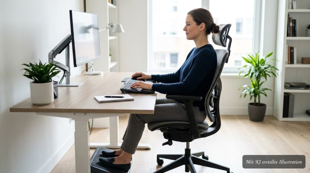 Ergonomische Sitzhaltung am Arbeitsplatz mit rechtwinklig angewinkelten Armen und Beinen
