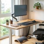 Ergonomischer Arbeitsplatz mit Schreibtisch, Bürostuhl, Monitor, Tastatur und gesundem Arbeitszubehör