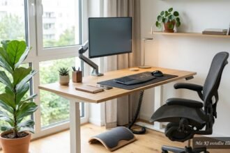 Ergonomischer Arbeitsplatz mit Schreibtisch, Bürostuhl, Monitor, Tastatur und gesundem Arbeitszubehör