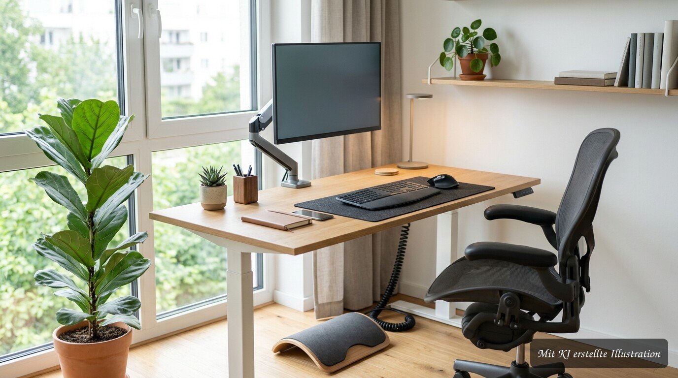 Ergonomischer Arbeitsplatz mit Schreibtisch, Bürostuhl, Monitor, Tastatur und gesundem Arbeitszubehör