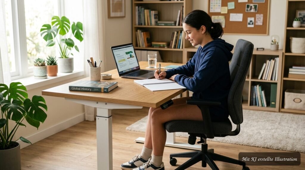 Ergonomischer Schreibtisch mit ausreichend Beinfreiheit und Platz für konzentriertes Lernen