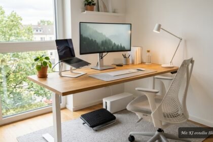 Ordentlicher Büro- und Lernplatz mit ergonomischen Hilfsmitteln, Monitor und praktischem Zubehör