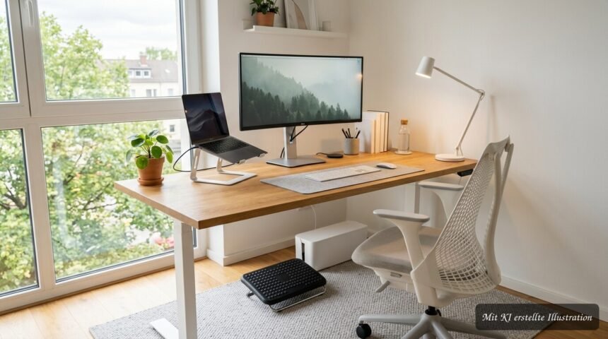 Ordentlicher Büro- und Lernplatz mit ergonomischen Hilfsmitteln, Monitor und praktischem Zubehör