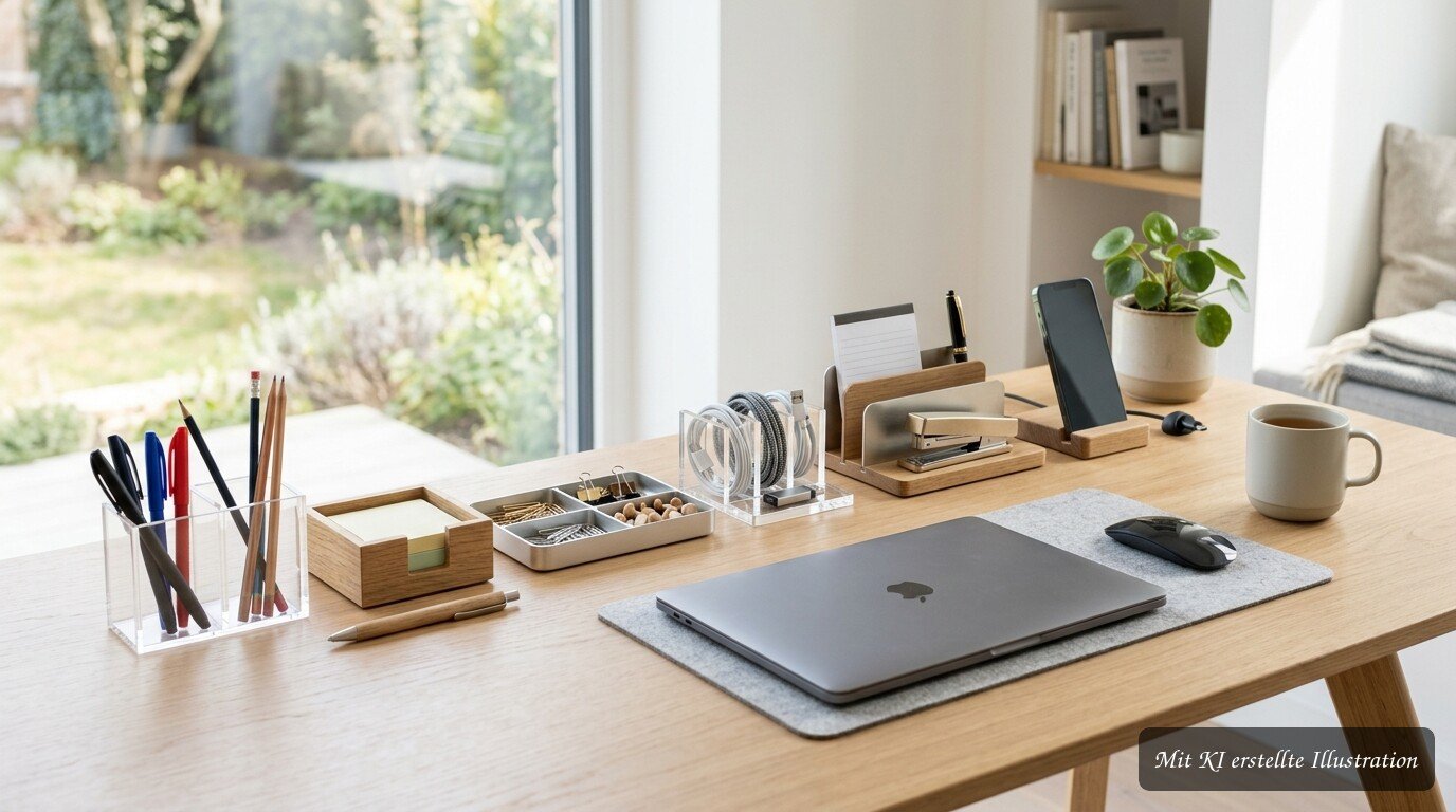 Sechs Schreibtisch-Organizer mit Fächern für Stifte, Notizen, Kabel und Büroklammern