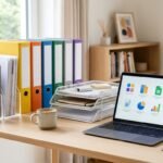 Sortierte Schul- und Büro-Unterlagen in Ordnern auf einem übersichtlichen Schreibtisch