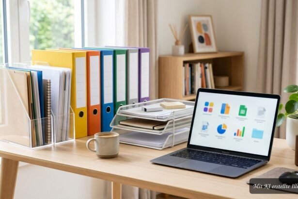 Sortierte Schul- und Büro-Unterlagen in Ordnern auf einem übersichtlichen Schreibtisch
