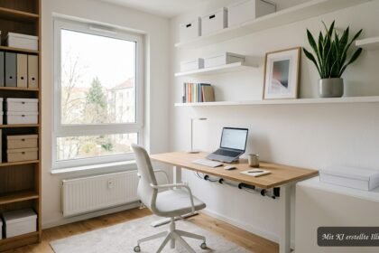 Aufgeräumtes Büro mit praktischen Ordnungslösungen für kleine und große Arbeitsräume