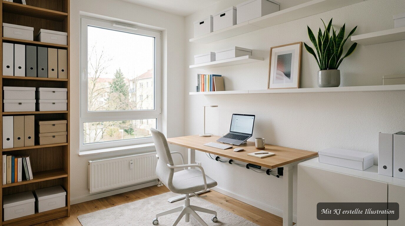 Aufgeräumtes Büro mit praktischen Ordnungslösungen für kleine und große Arbeitsräume