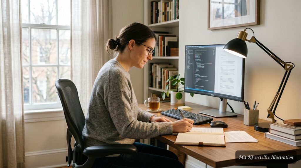 Ergonomische Schreibtischlampe an einem aufgeräumten Büro- und Lernplatz