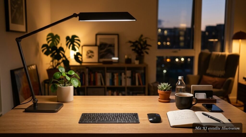 Moderne Schreibtischlampe auf einem aufgeräumten Arbeitsplatz zur Entlastung der Augen