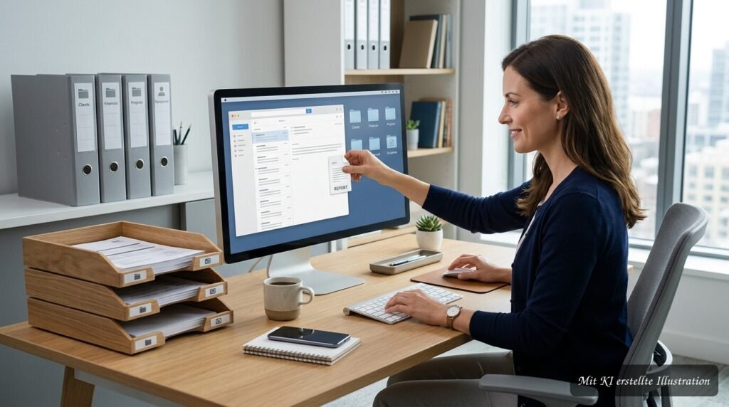 Digitaler Desktop mit übersichtlichen Ordnern und klarer Struktur für einen dauerhaft aufgeräumten Büroarbeitsplatz